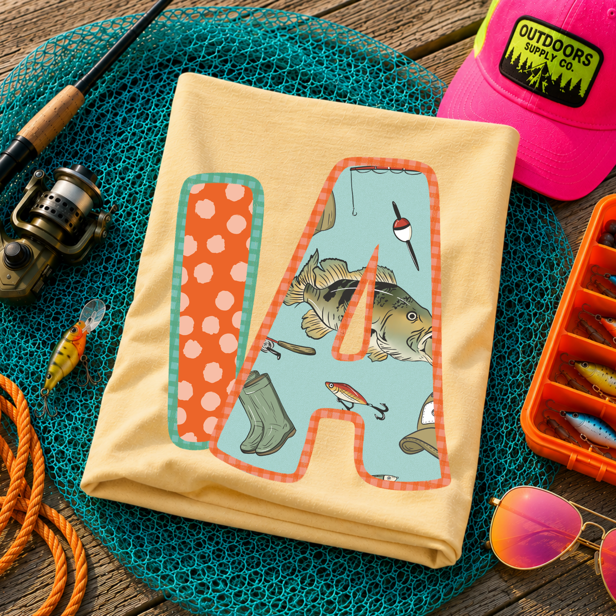 IA Iowa Bass Fishing Polka Dot Gingham Outline Digital Design, PNG