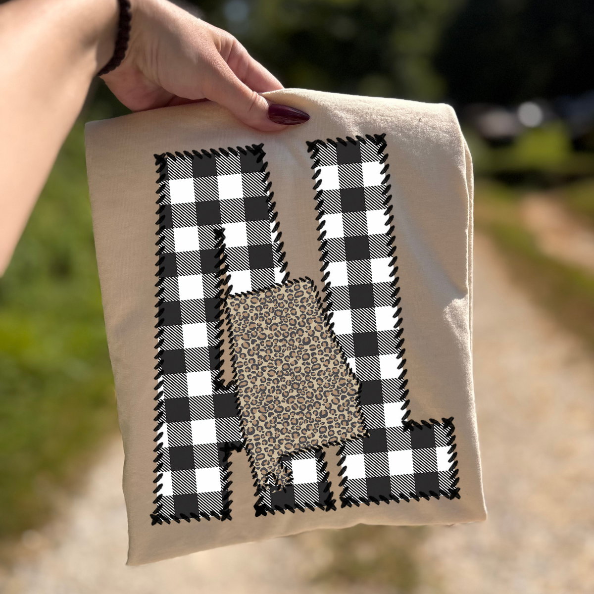 Alabama AL Stitched Buffalo Plaid & Leopard State Patch Digital Design, PNG