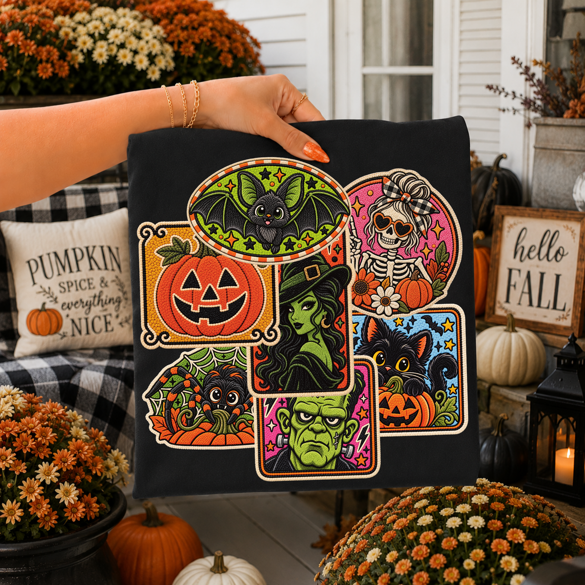Vintage Halloween Collage Faux Chenille Patch Digital Design, PNG