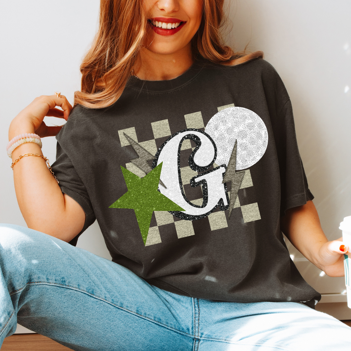 Golf Checkered Glitter Star & Stitched Bolt with Sequin Ball in Tan, Green & White Digital Design, PNG