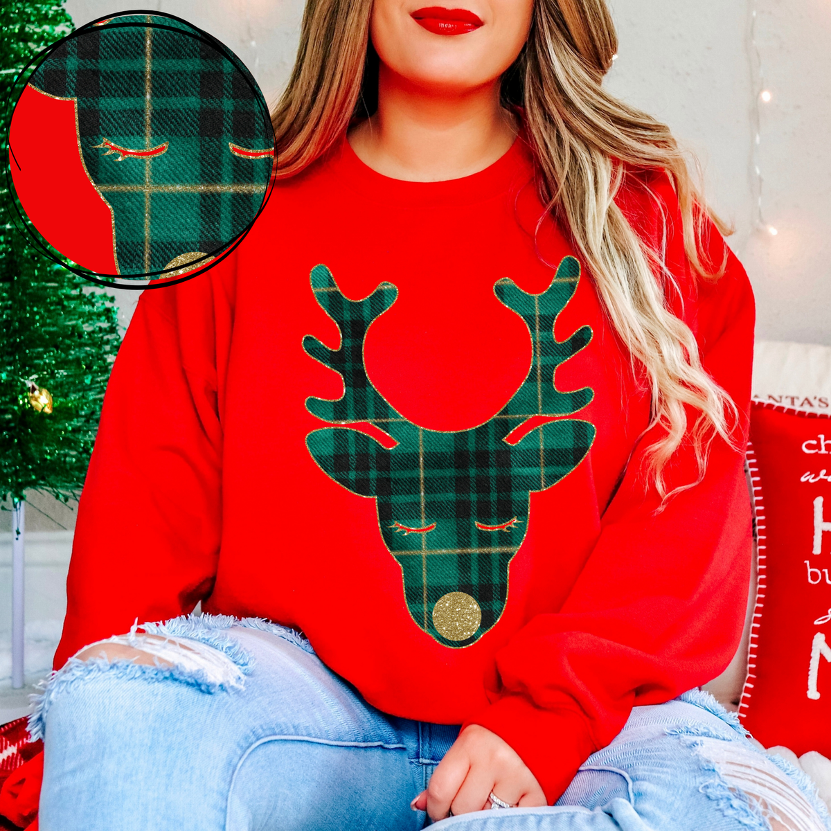 Rudolph Green Plaid & Glitter Digital Download, PNG