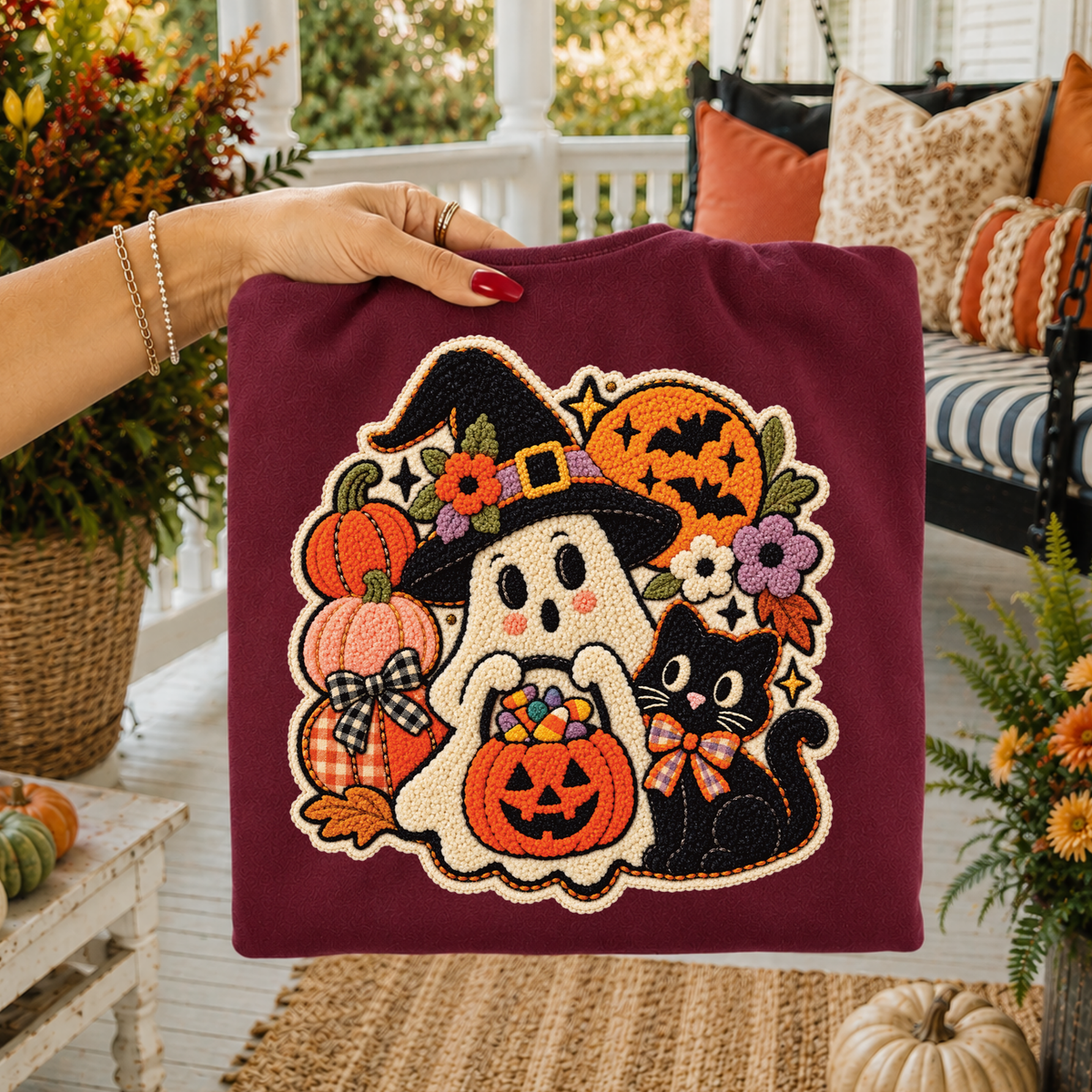 Trick or Treat Ghost Halloween Chenille Patch Digital Design, PNG