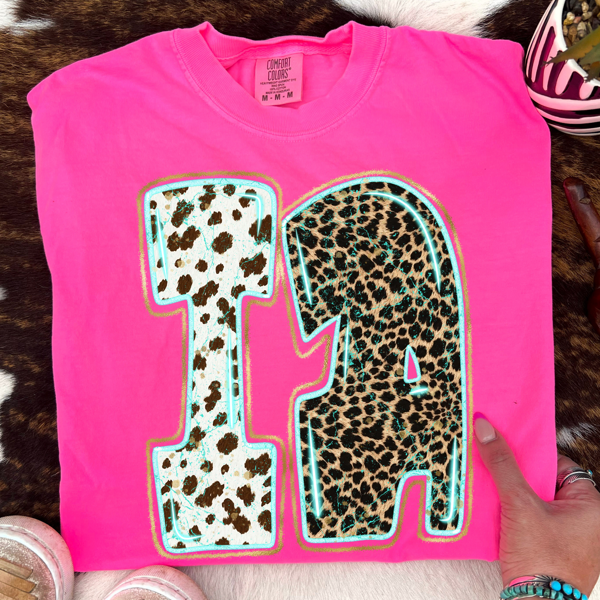 IA Iowa Turquoise Glow Gold Foil Western Leopard & Cow Print Digital Design, PNG Only