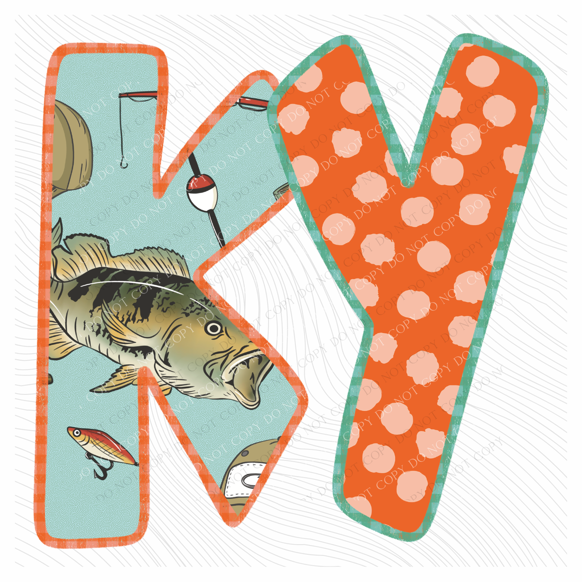 KY Kentucky Bass Fishing Polka Dot Gingham Outline Digital Design, PNG