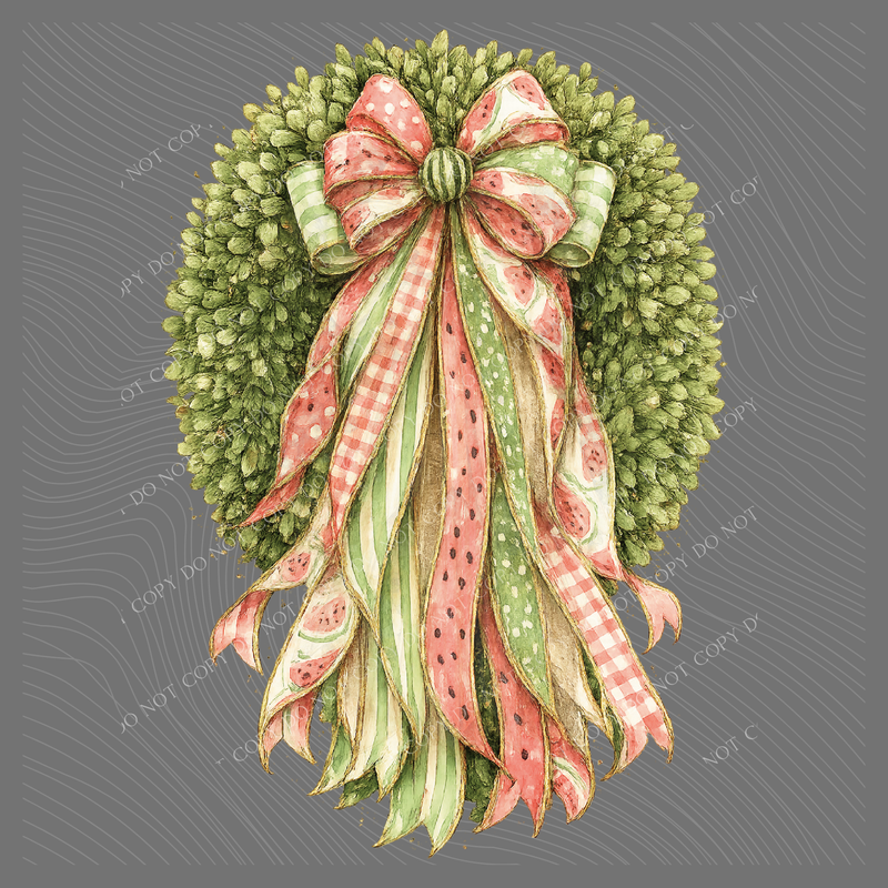 Watermelon Ribbon with Boxwood Wreath, Digital Design, PNG