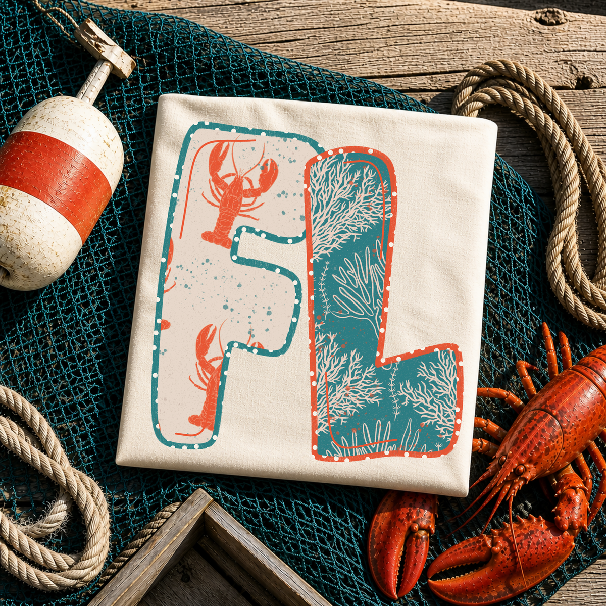 FL Florida  Lobster Coral Reef Polka Dot Outline Digital Design, PNG