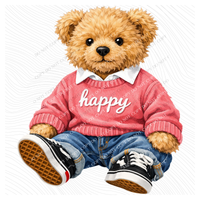 Happy Plush Preppy Bear in Pink Digital Design, PNG