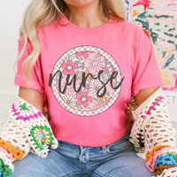 Nurse Checkered Floral Script Circle in Summery Colors Digital Design, PNG