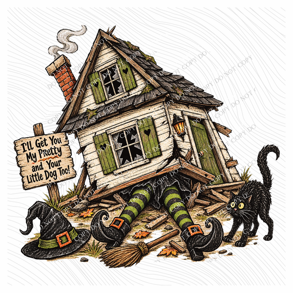 Witch under House Vintage Sketch Digital Design, PNG