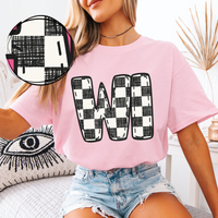 WI Wisconsin Bubble Stitch Distressed Checkers Black White Digital Design, PNG