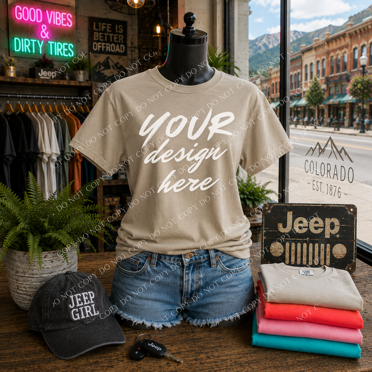 Jeep Girl Blank Mockup, Comfort Colors 1717 Sandstone