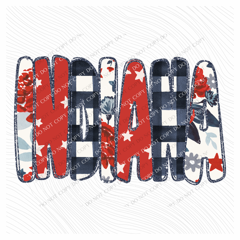 Indiana Glitter, Floral, Gingham & Stars Patriotic Digital Design, PNG