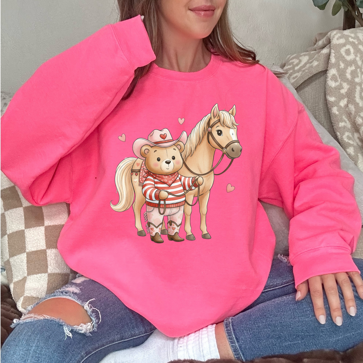 Horse & Cowgirl Whimsy Bear Valentine’s Sketch Digital Design, PNG