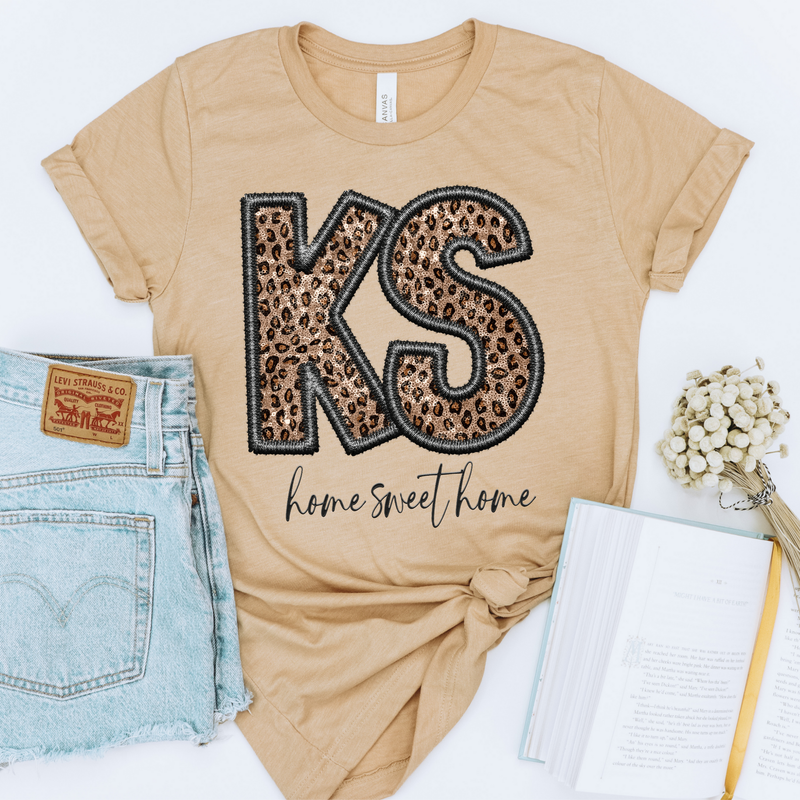 KS Kansas Faux Embroidery Leopard Sequin with separate Home Sweet Home Script in Black,  Digital Design, PNG