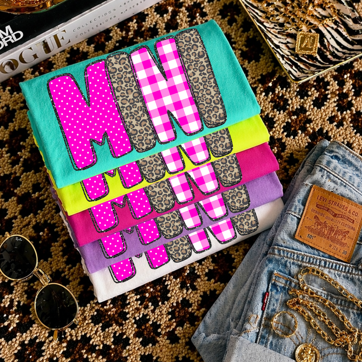 Mini Leopard Glitter, Gingham & Dot in Bright Pink Digital Design, PNG