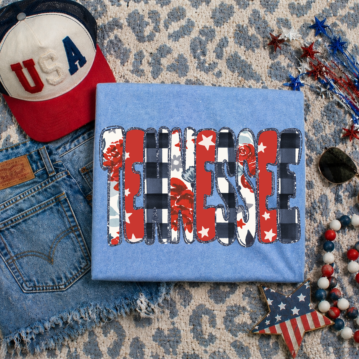 Tennessee Glitter, Floral, Gingham & Stars Patriotic Digital Design, PNG