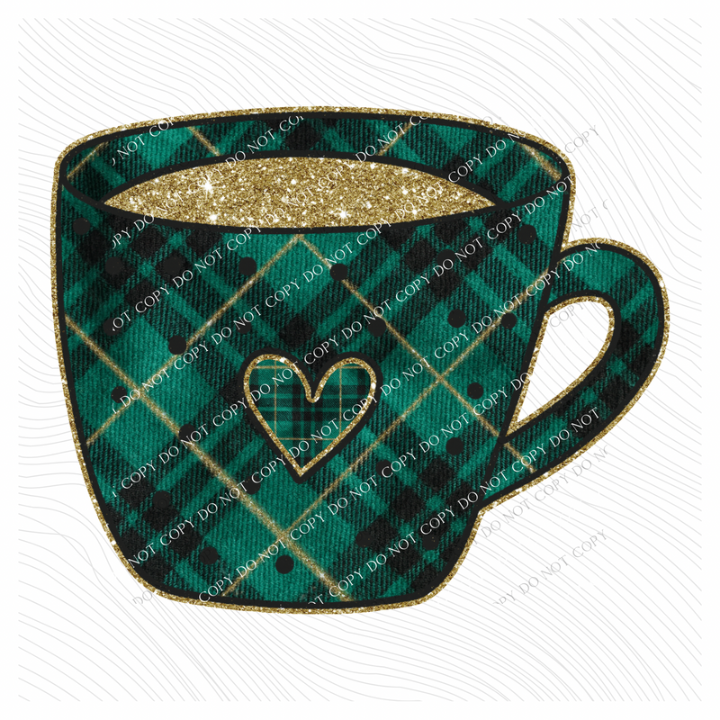 Coffee Mug Green Plaid & Glitter Digital Download, PNG