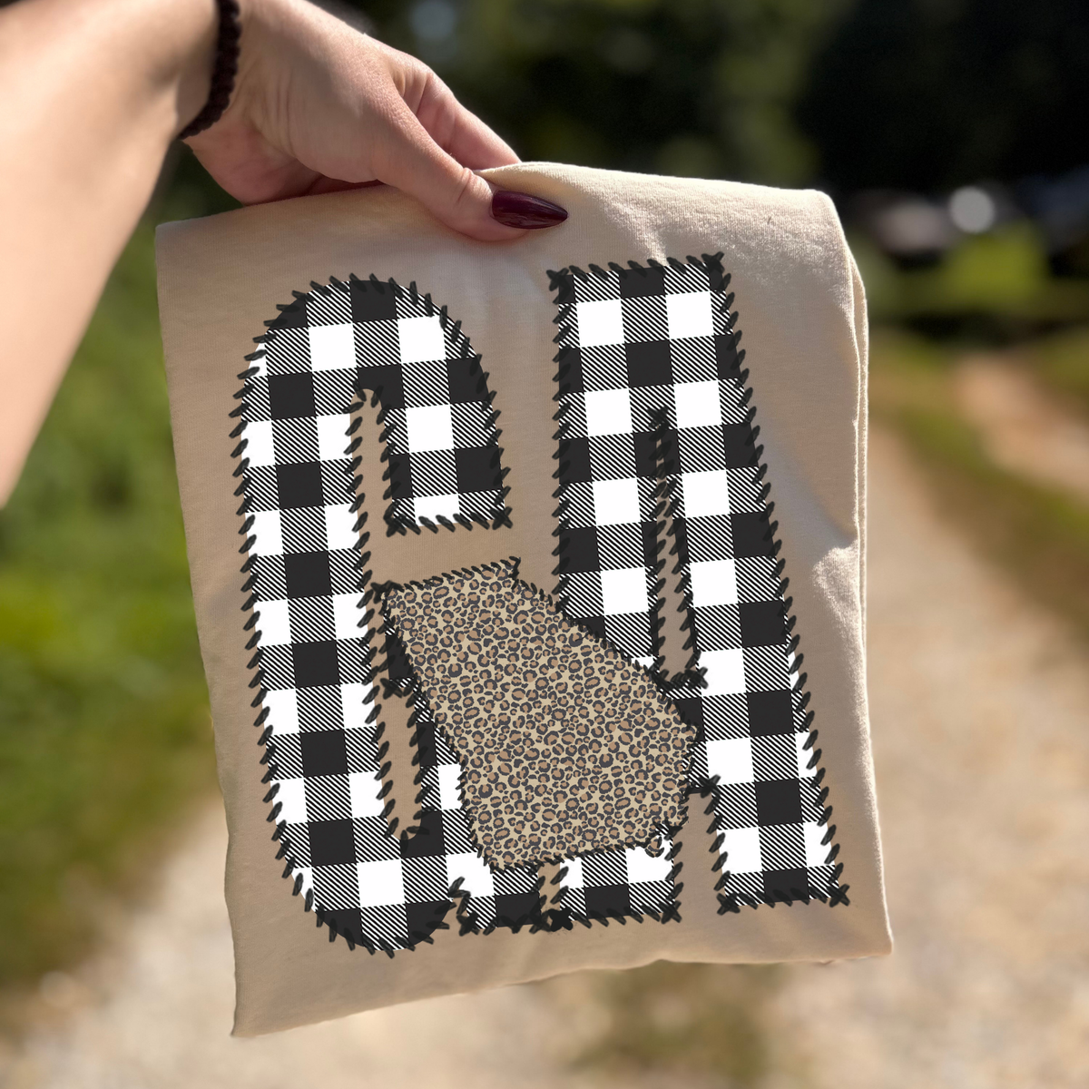 Georgia GA Stitched Buffalo Plaid & Leopard State Patch Digital Design, PNG