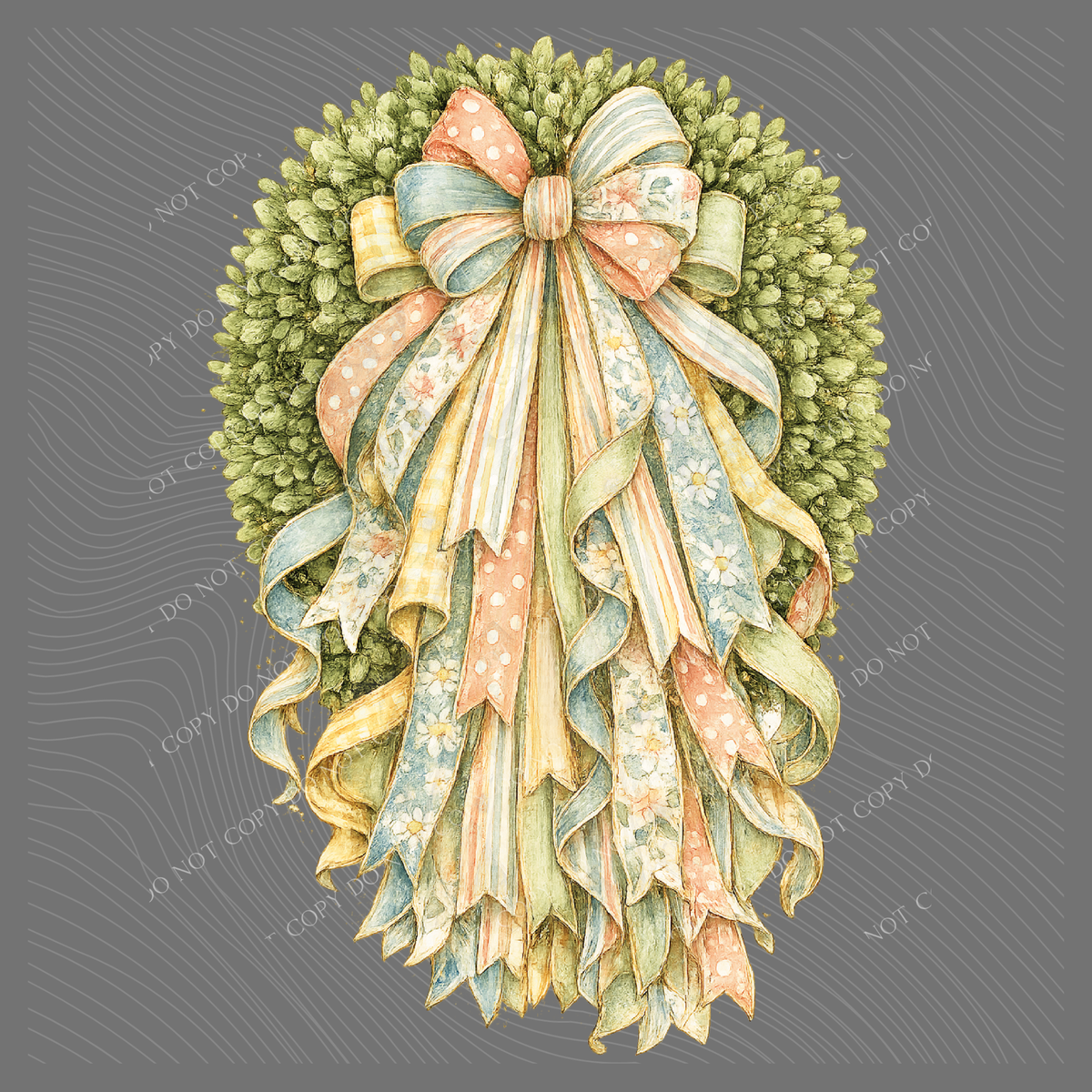 Summer Florals Ribbon with Boxwood Wreath, Digital Design, PNG