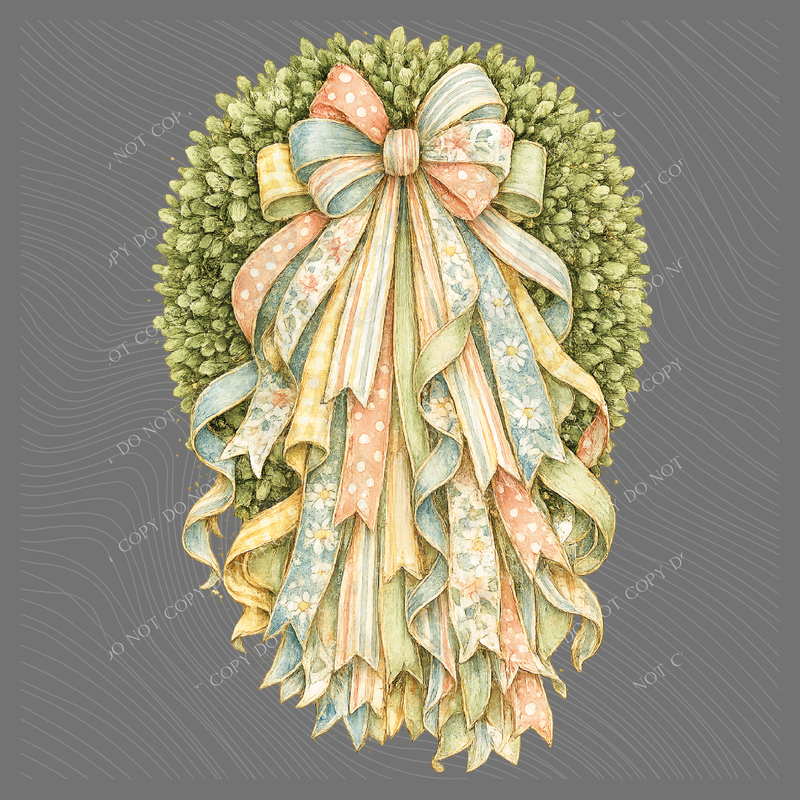 Summer Florals Ribbon with Boxwood Wreath, Digital Design, PNG