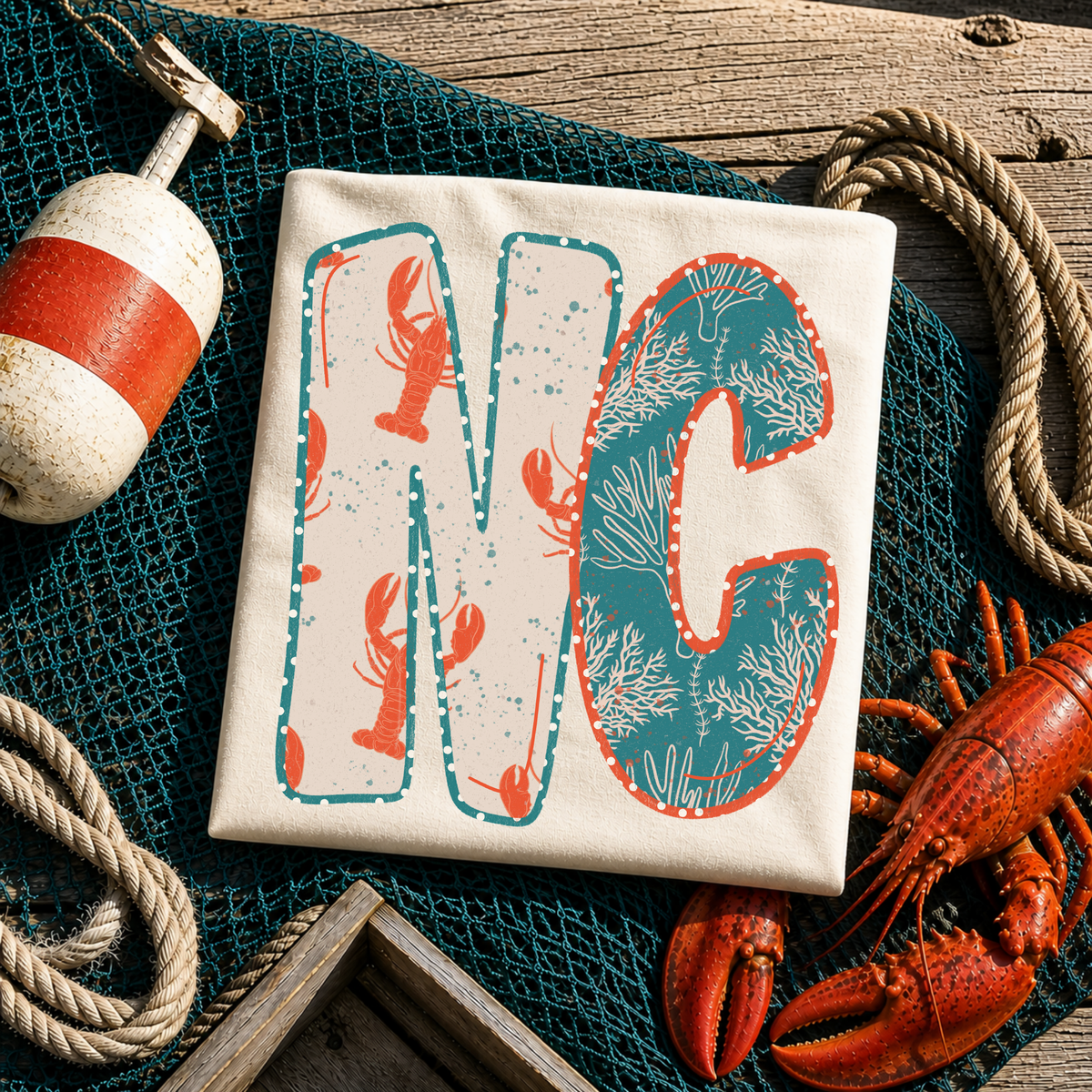 NC North Carolina  Lobster Coral Reef Polka Dot Outline Digital Design, PNG