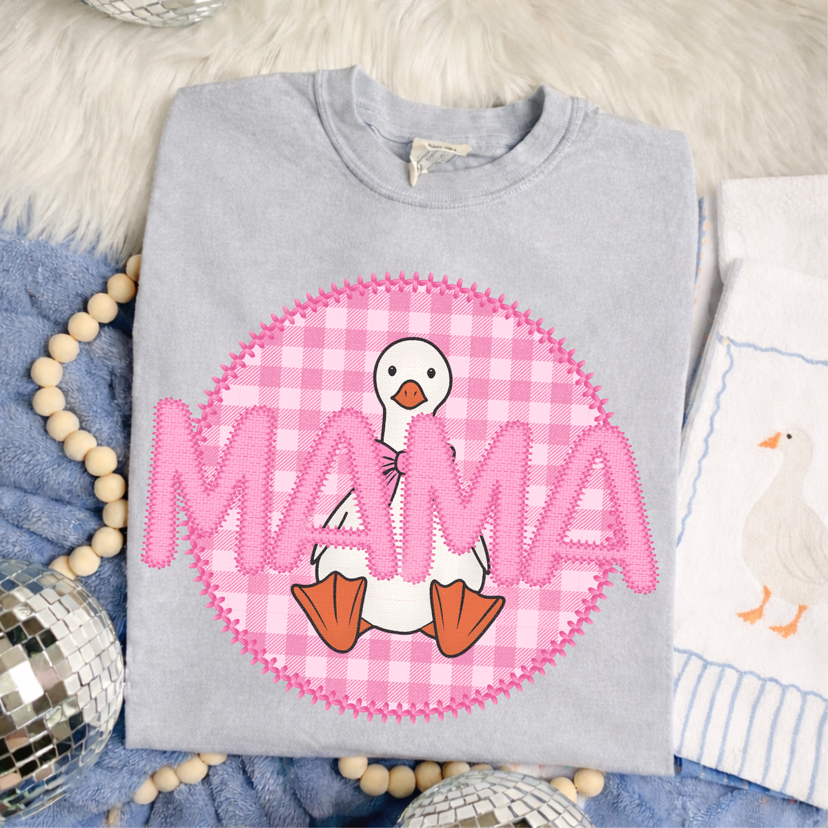 Mama Goose Faux Embroidery Stitch Gingham Texture Circle Pink Digital Design, PNG