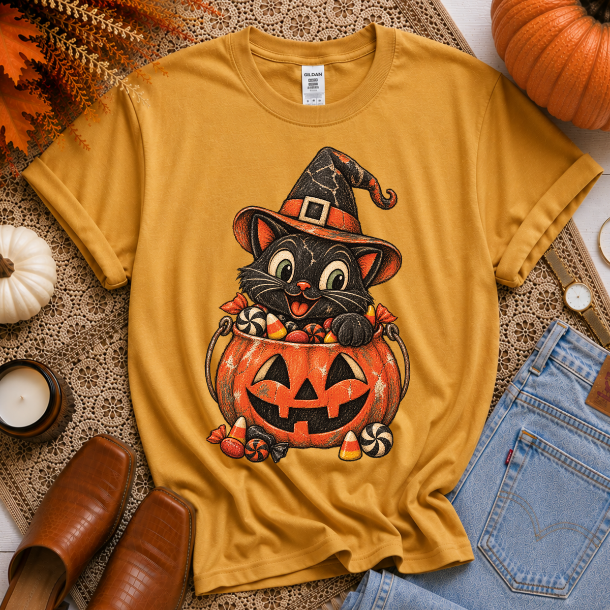 Cute Cat in Pumpkin Bucket Vintage Sketch Digital Design, PNG