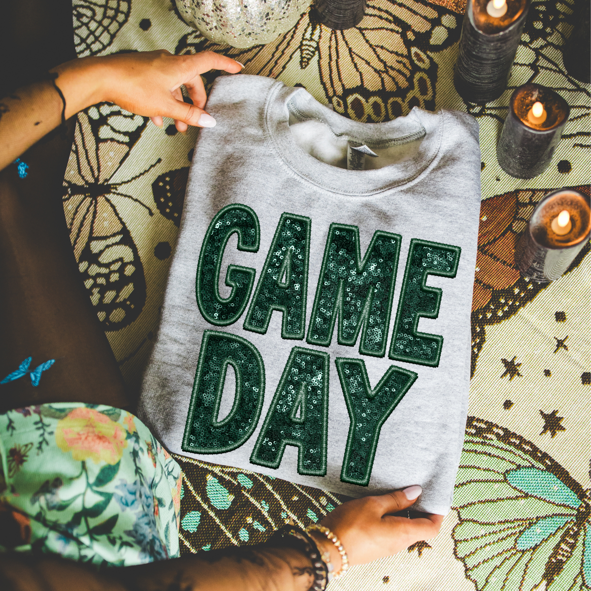 Game Day Faux Embroidery Sequin in Dark Green Digital Design, PNG