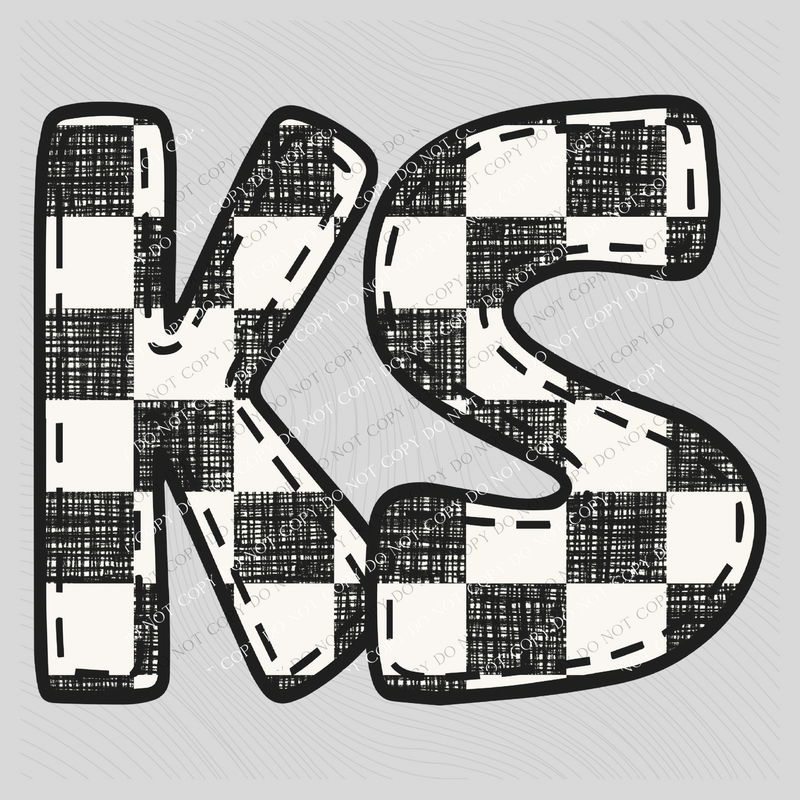 KS Kansas Bubble Stitch Distressed Checkers Black White Digital Design, PNG