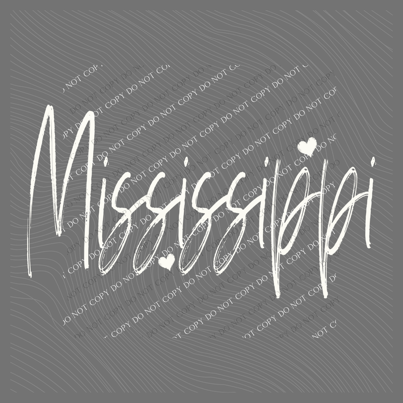 Mississippi Sketched Script Hearts in Off-white Digital Design, PNG