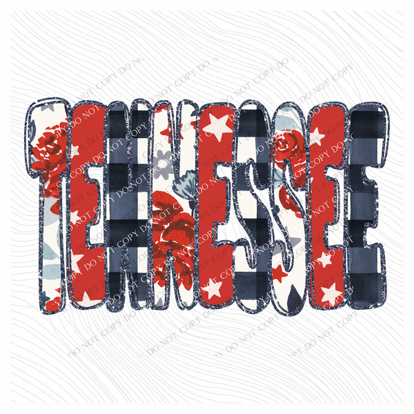 Tennessee Glitter, Floral, Gingham & Stars Patriotic Digital Design, PNG