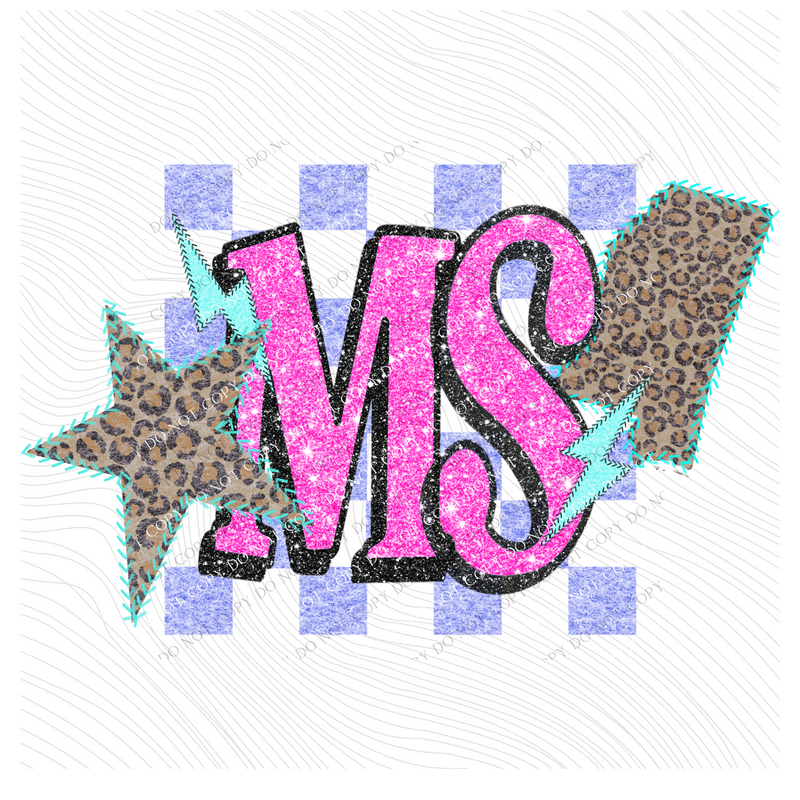Mississippi Leopard Checkered Glitter Star & Stitched Bolt & State in Bright Summer Colors Digital Design, PNG