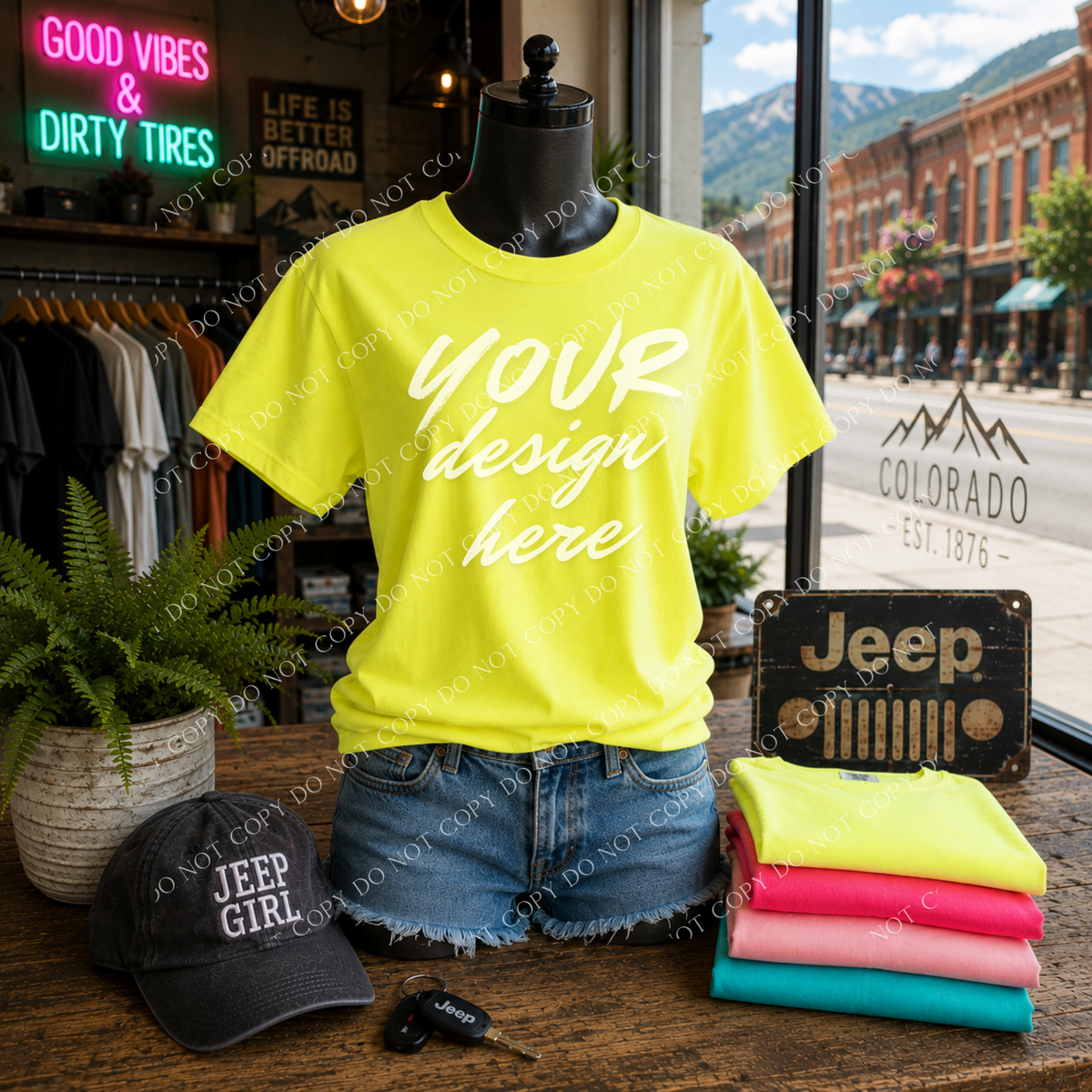 Jeep Girl Blank Mockup, Comfort Colors 1717 Neon Lemon