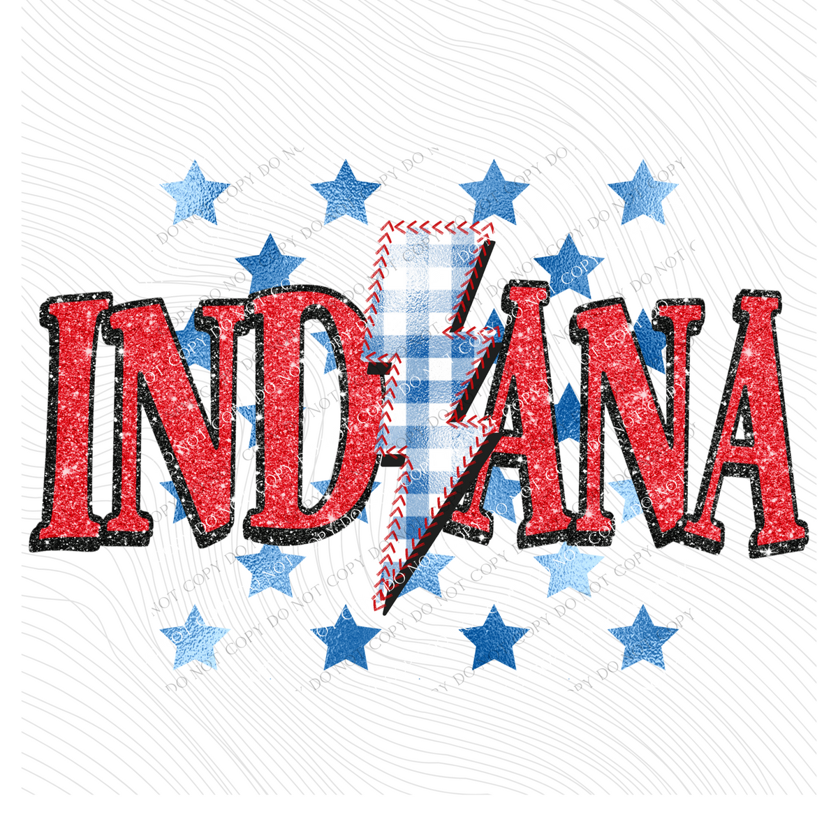 Indiana Glitter with Foil Stars & Gingham Stitched Bolt in Red, White & Blue Patriotic Digital Design, PNG