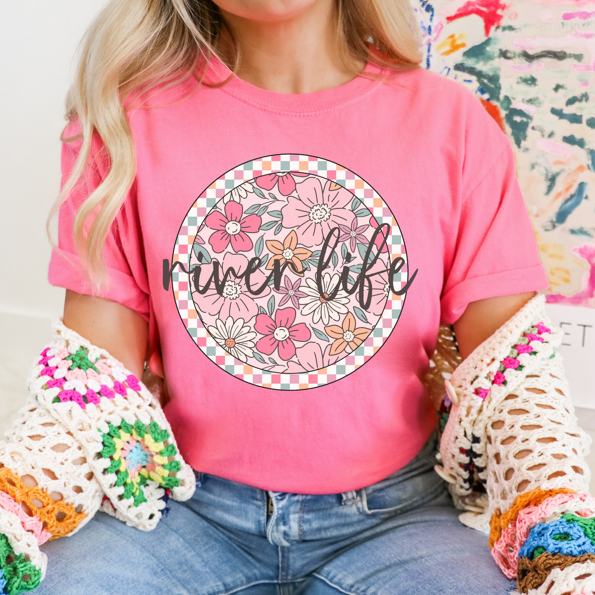 River Life Checkered Floral Script Circle in Summery Colors Digital Design, PNG
