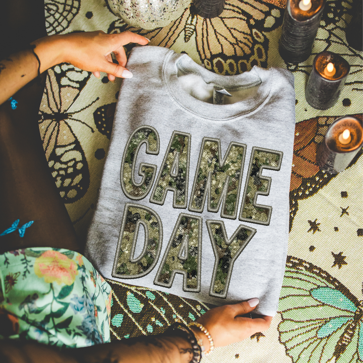 Game Day Faux Embroidery Sequin in Camo Digital Design, PNG