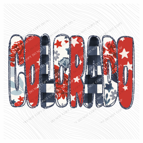 Colorado Glitter, Floral, Gingham & Stars Patriotic Digital Design, PNG