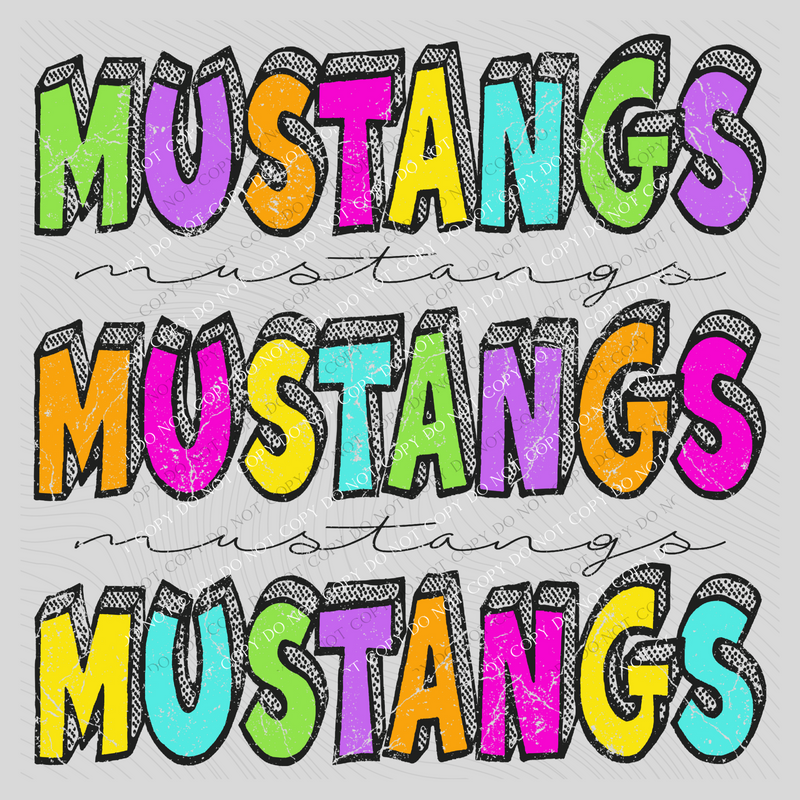 Mustangs Bubble Dot Stacked Script Distressed in Neons Digital Design, PNG