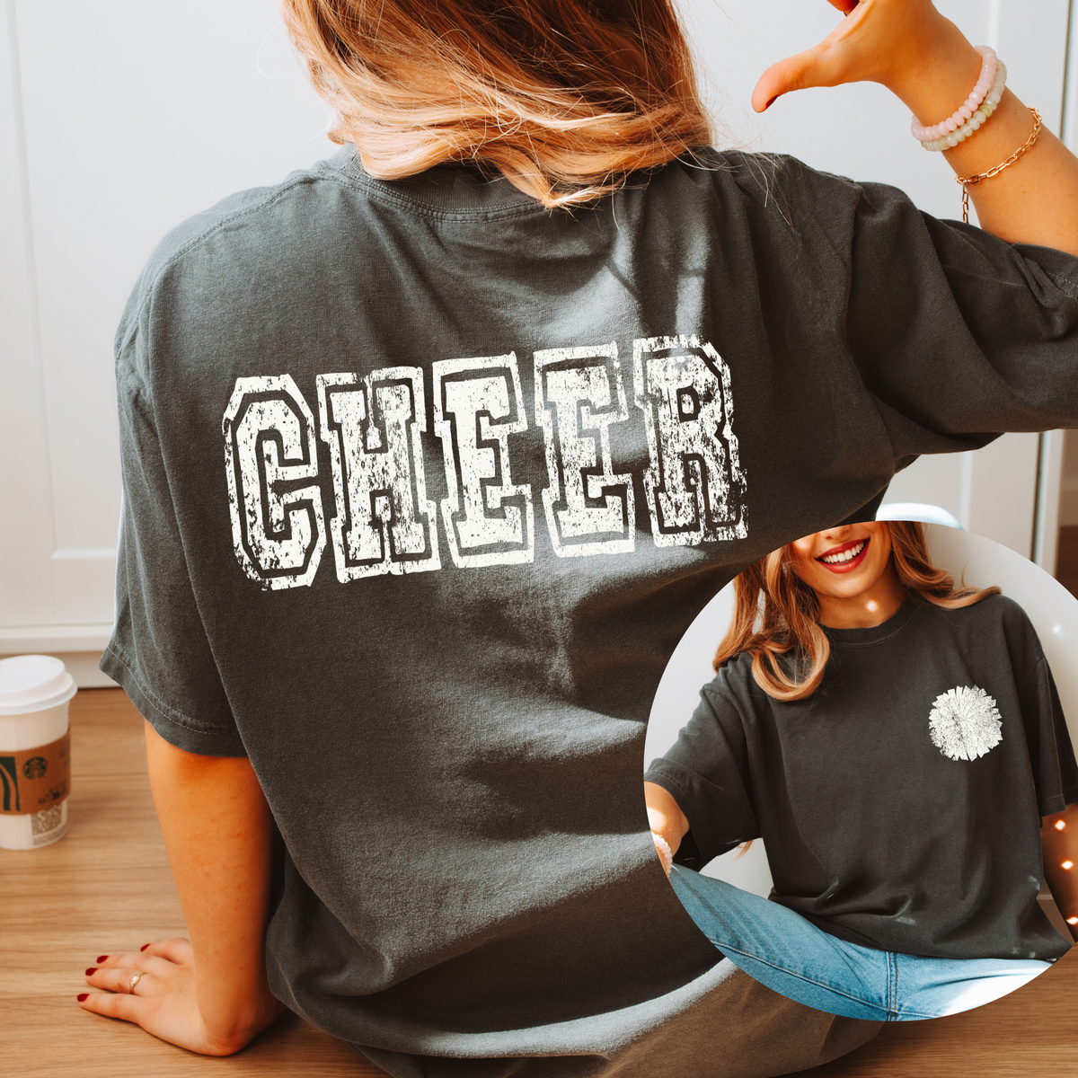 Cheer Varsity Distressed Bundle Word & PomPom Included in White Digital Design, PNG