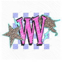 West Virginia Leopard Checkered Glitter Star & Stitched Bolt & State in Bright Summer Colors Digital Design, PNG