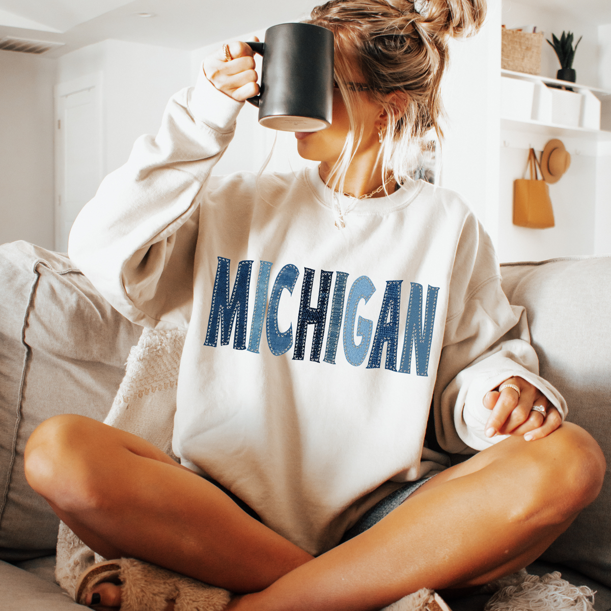 Michigan Denim Patch Stitched Digital Design, PNG