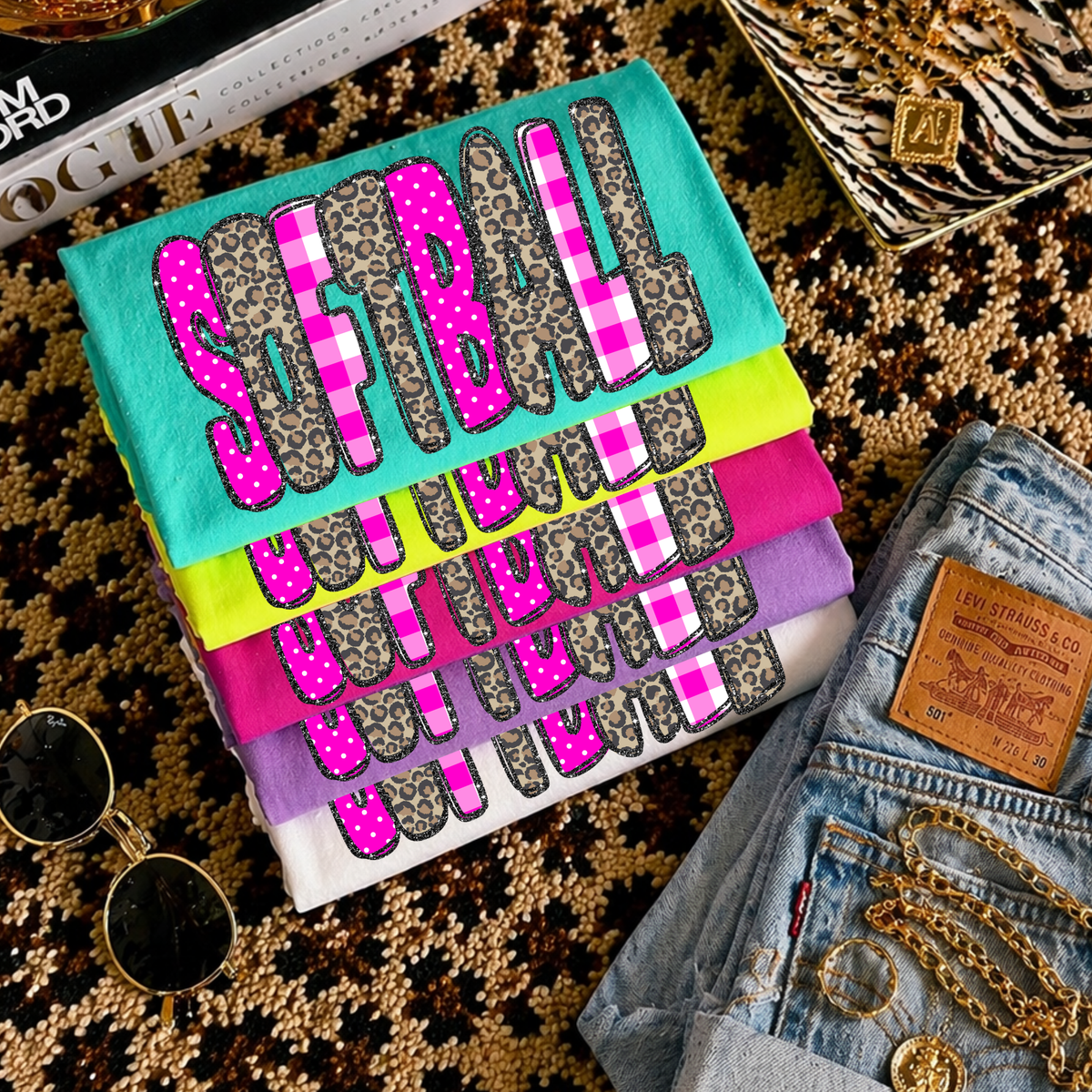 Softball Leopard Glitter, Gingham & Dot in Bright Pink Digital Design, PNG