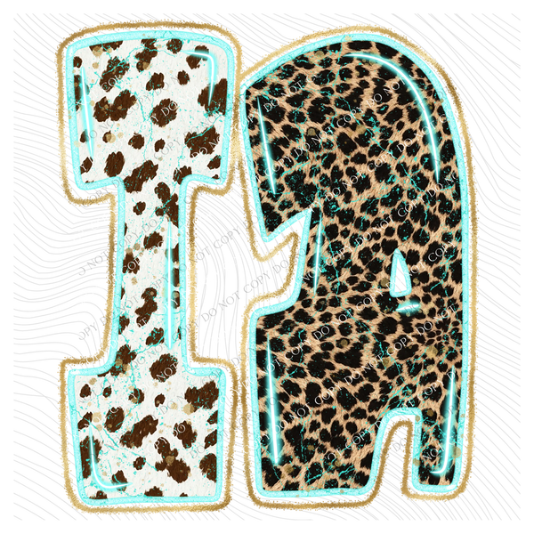 IA Iowa Turquoise Glow Gold Foil Western Leopard & Cow Print Digital Design, PNG Only