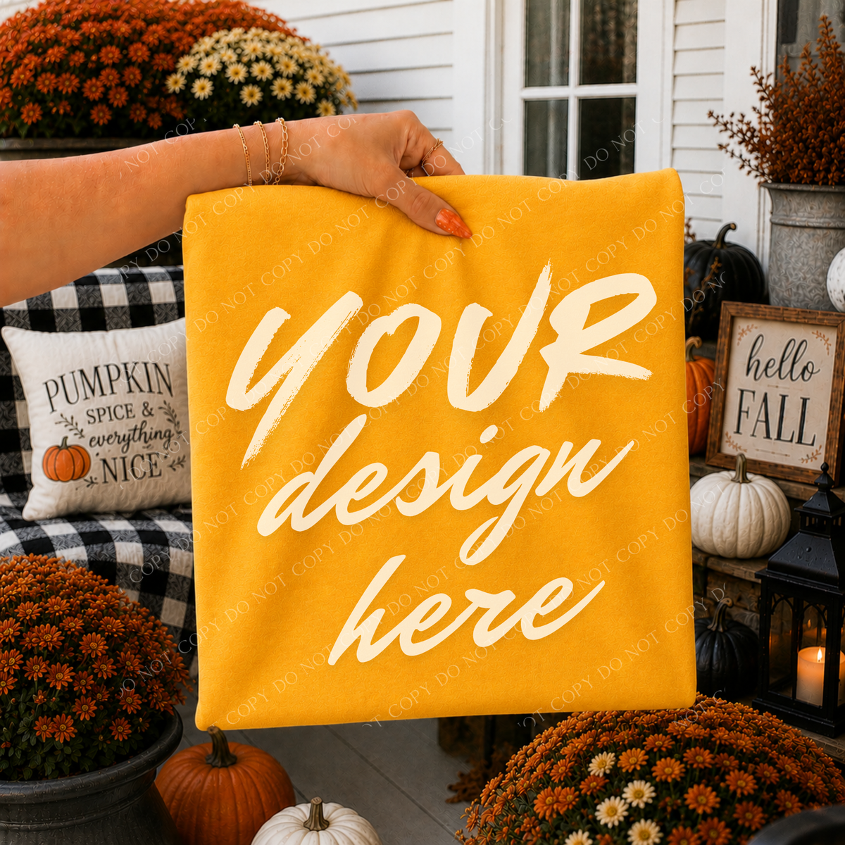 Fall Mums Porch Blank Sweatshirt Mockup, Gildan 18000 Gold