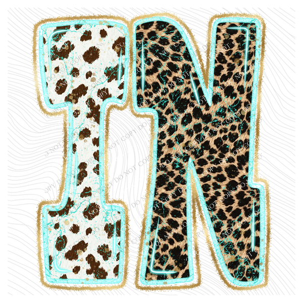 IN Indiana Turquoise Glow Gold Foil Western Leopard & Cow Print Digital Design, PNG Only