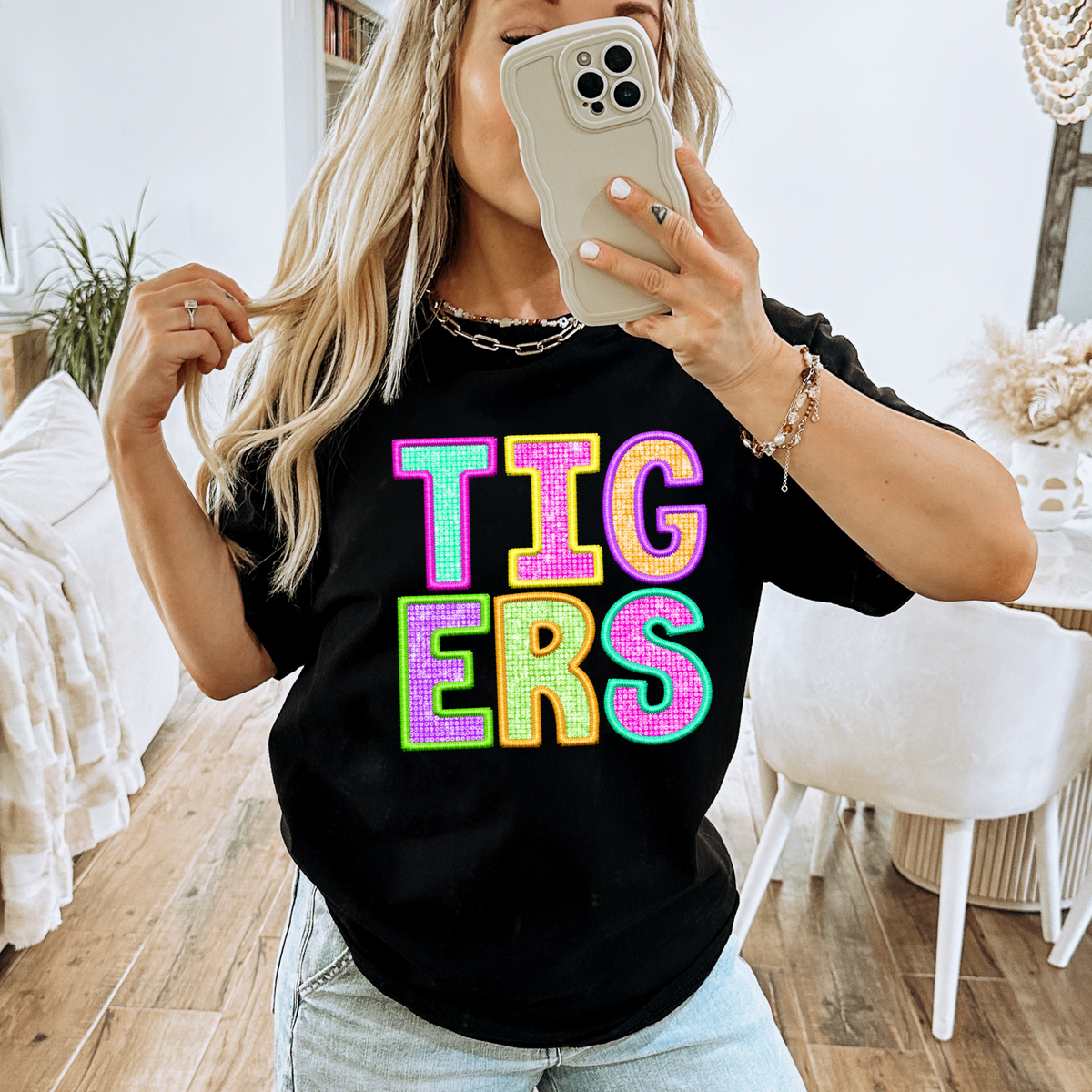 Tigers Faux Embroidery Diamond in Multi Neons Digital Design, PNG