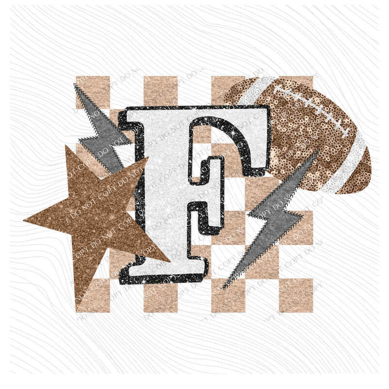 Football Checkered Glitter Star & Stitched Bolt with Sequin Ball in Tan, Brown & White Digital Design, PNG