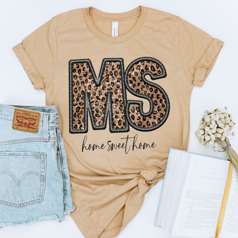 MS Mississippi Faux Embroidery Leopard Sequin with separate Home Sweet Home Script in Black,  Digital Design, PNG