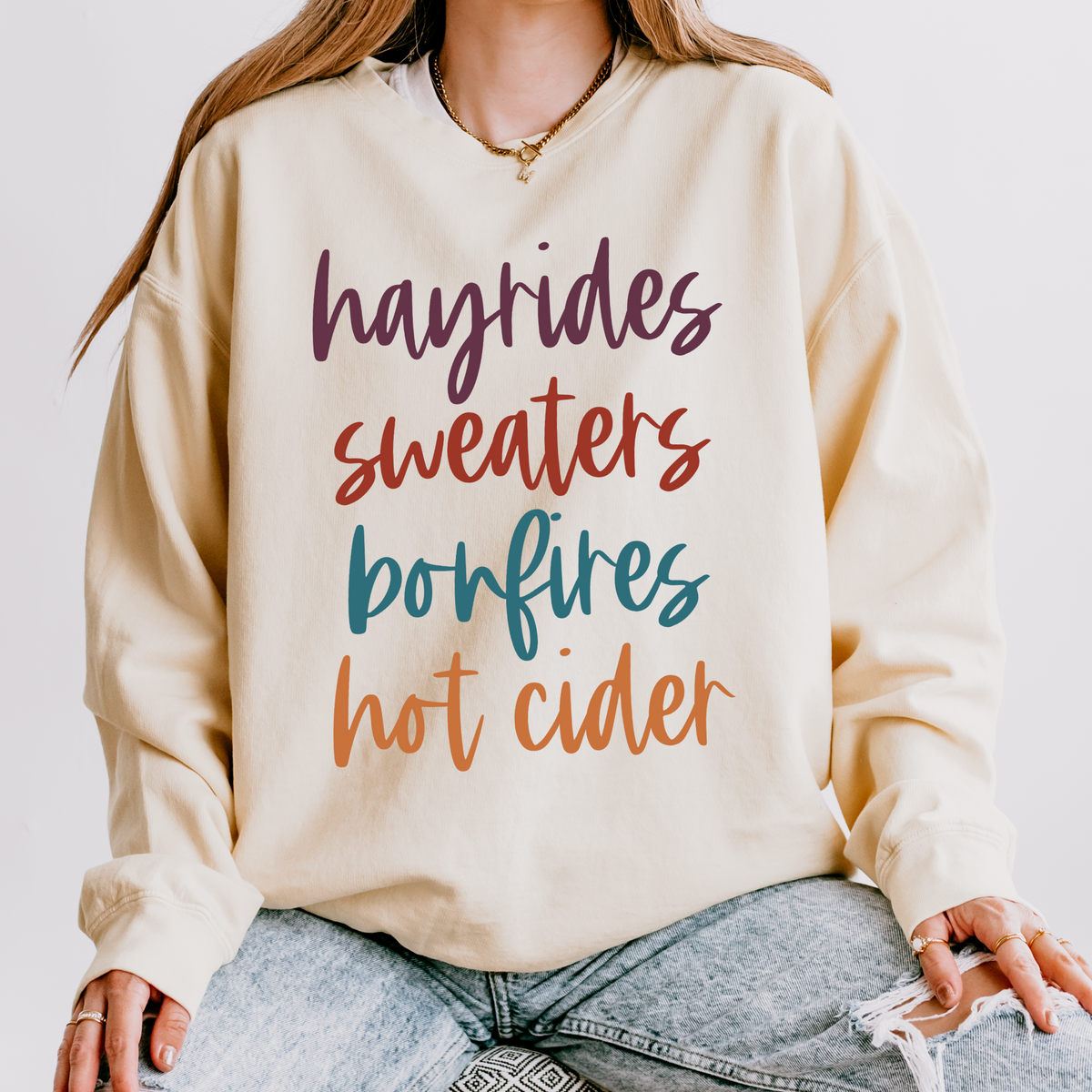 Hayrides, Sweaters, Bonfires, Hot Cider Script in Fall Tones Digital Download, PNG
