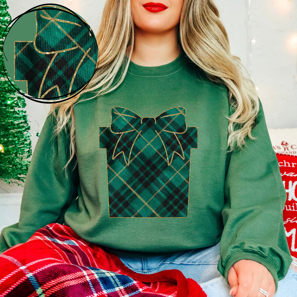 Gift Green Plaid & Glitter Digital Download, PNG